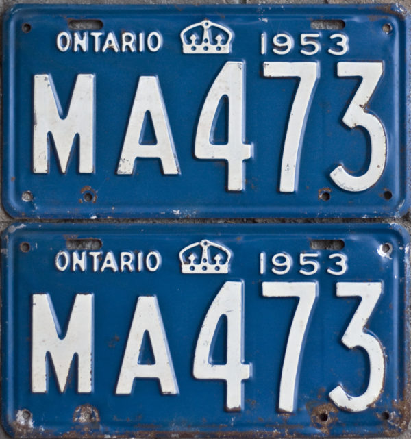 1953 Ontario YOM license plates for sale!