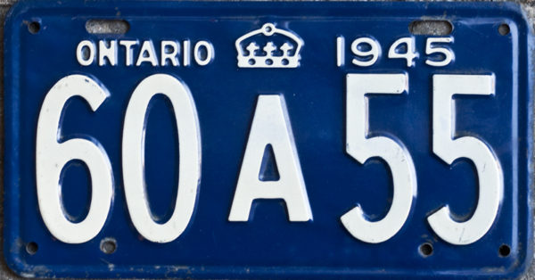 1945 Ontario YOM licence plate for sale
