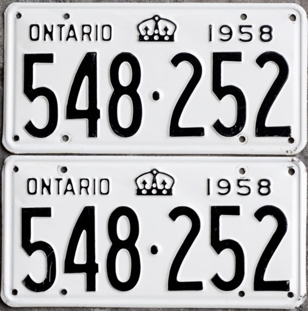 1958 Ontario license licence YOM plates