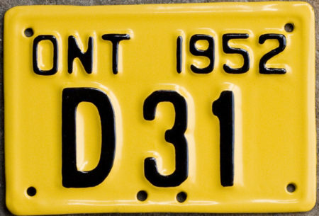 1952 Ontario YOM motorcycle licence plate for sale