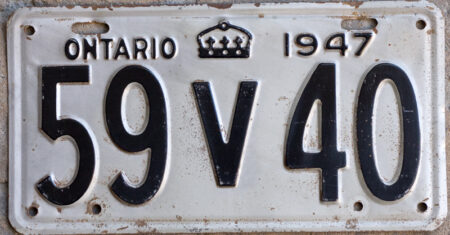 1947 Ontario YOM licence plate for sale